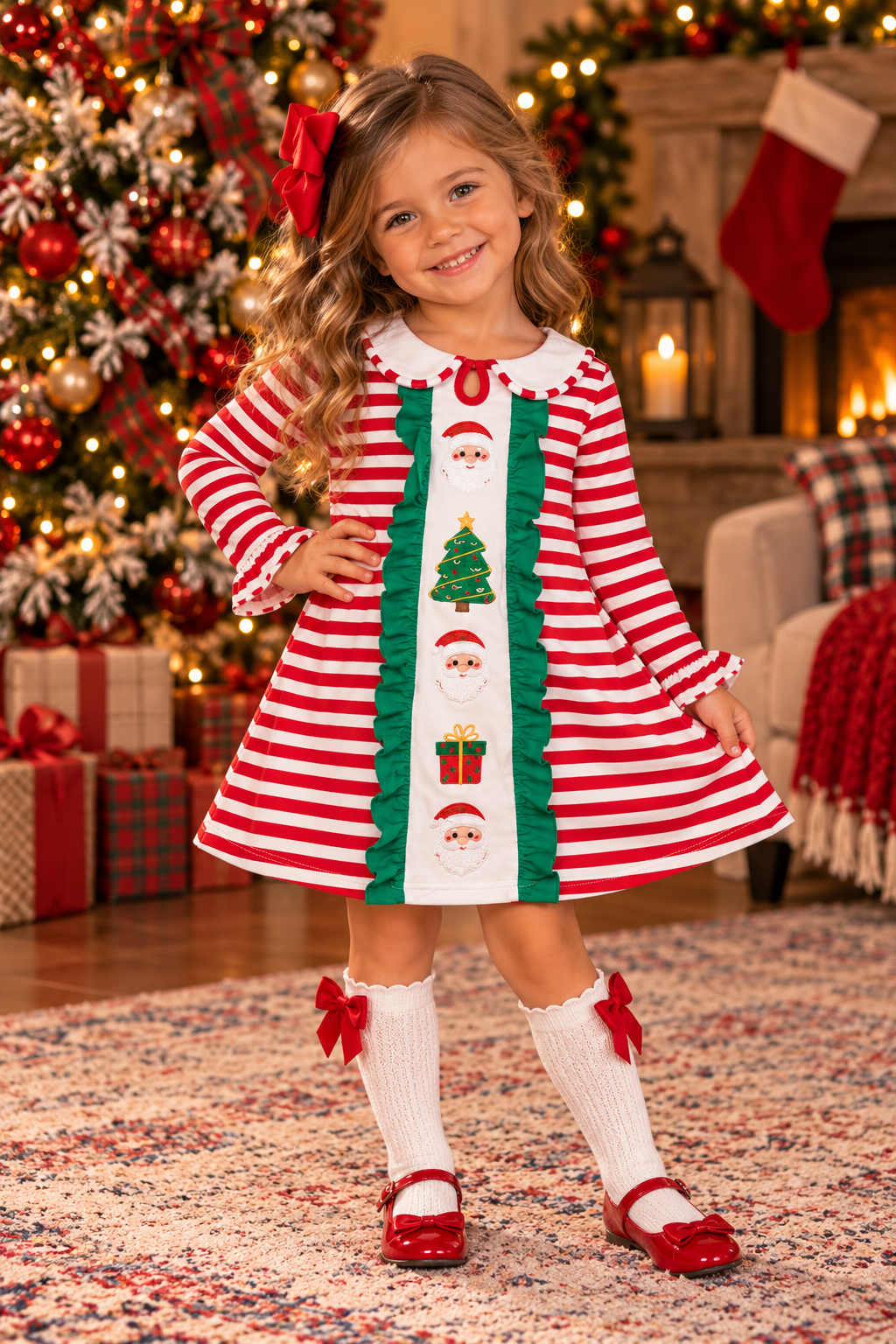 Red Stripe Embroidered Santa Dress