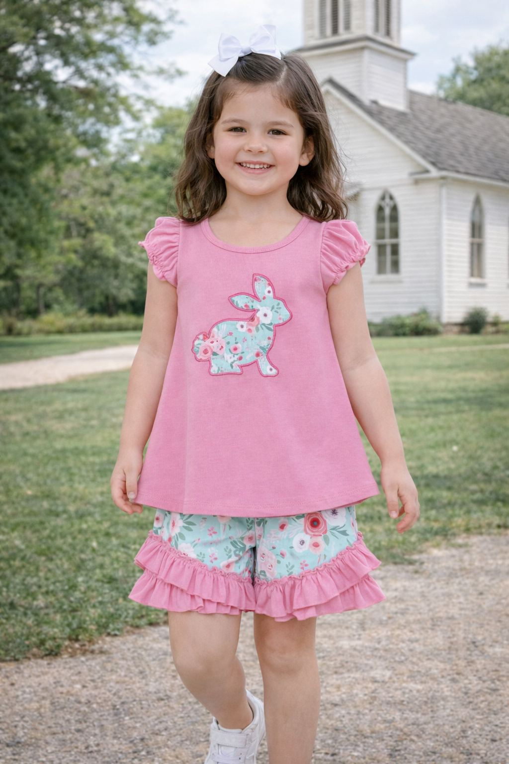 Pink Floral Bunny Short Set