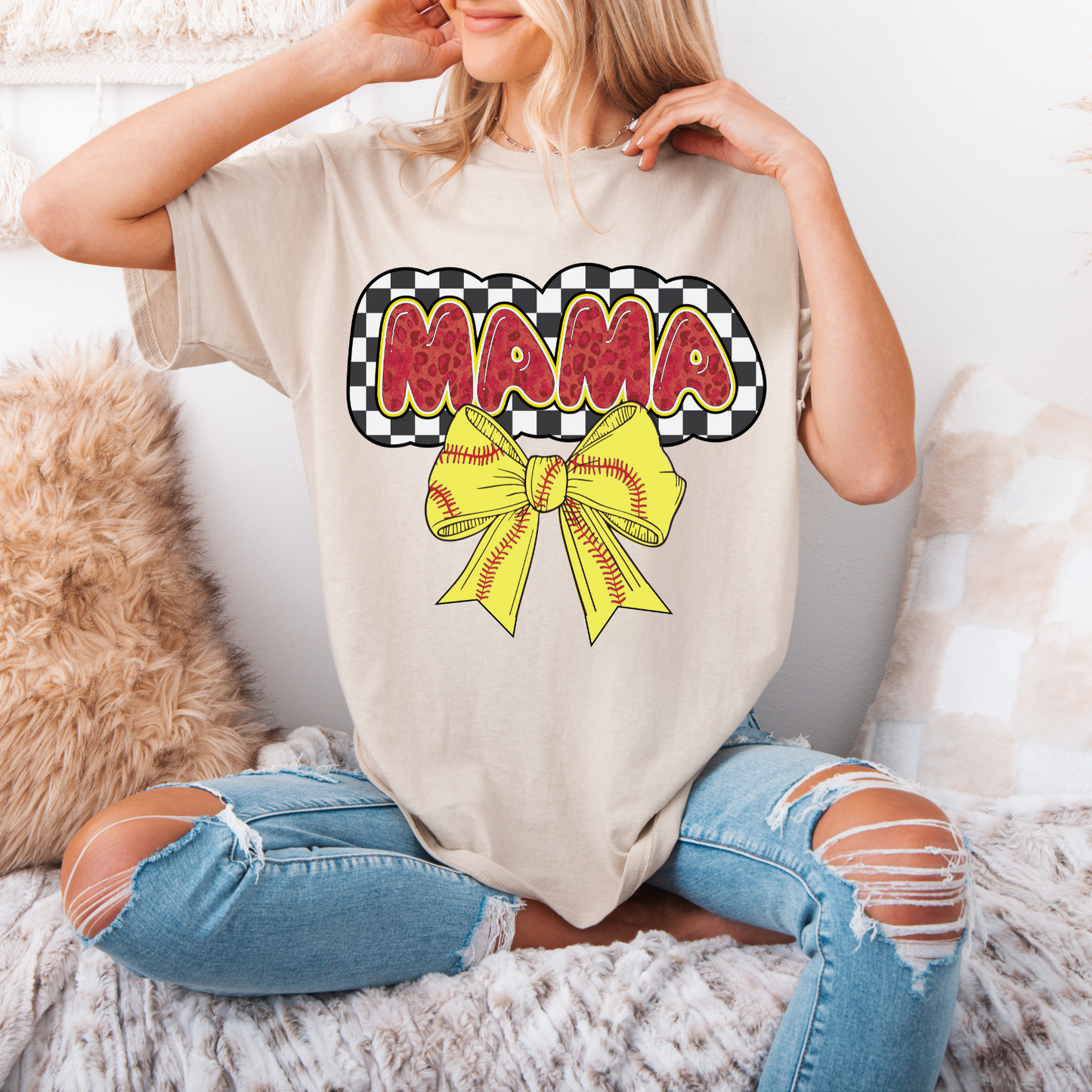 Red Checkered Softball Mama