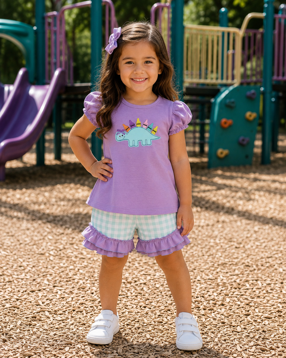 Embroidered Purple Dino Crayon Short Set