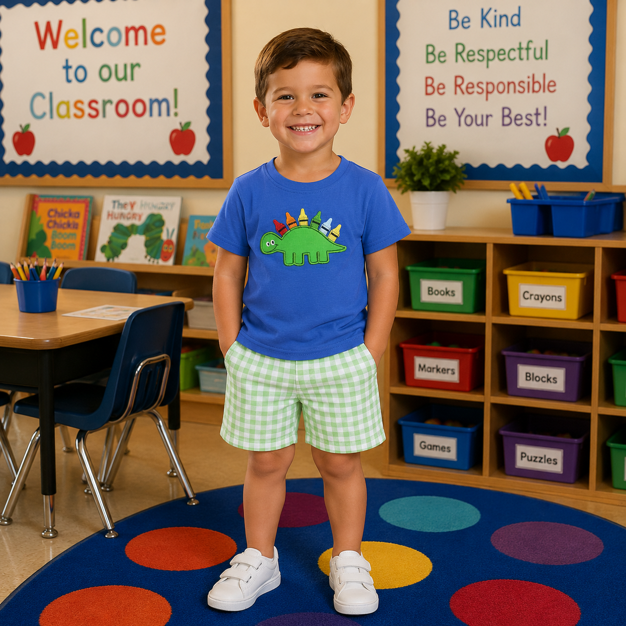 Embroidered Blue Dino Crayon Short Set