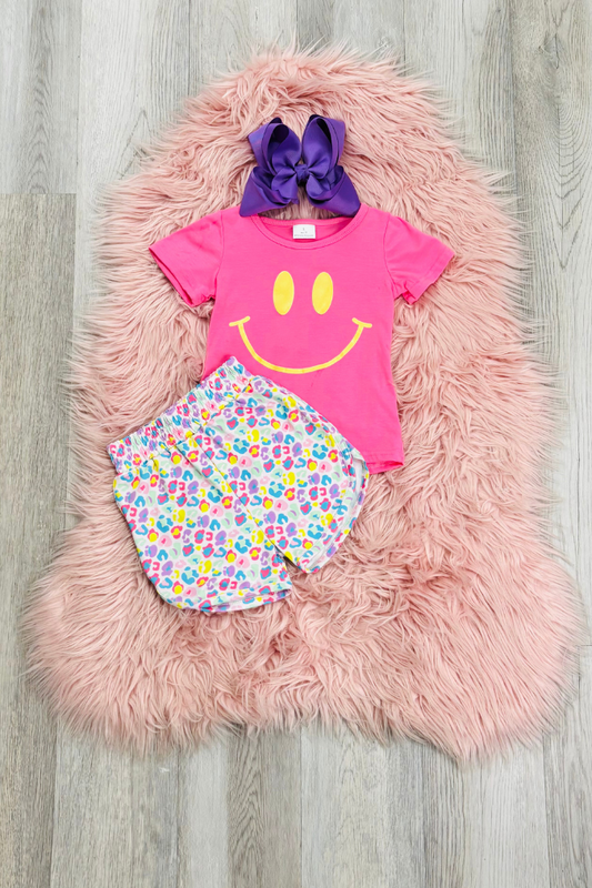 Pink Smiley Leopard Short Set