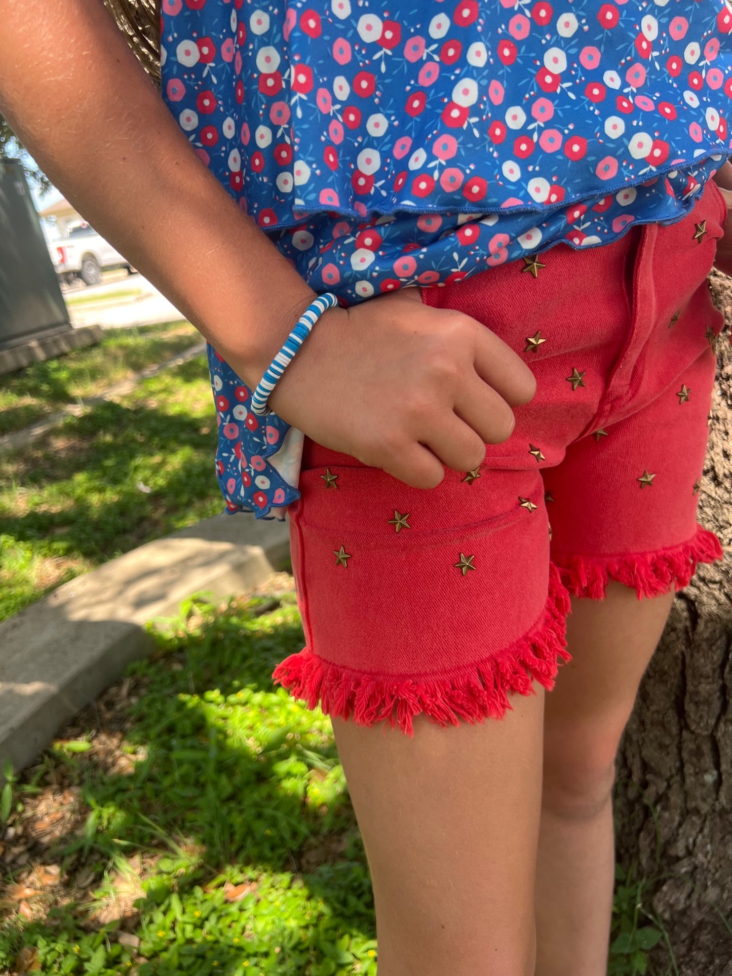 Blue Floral & Red Star Studded Denim Short Set