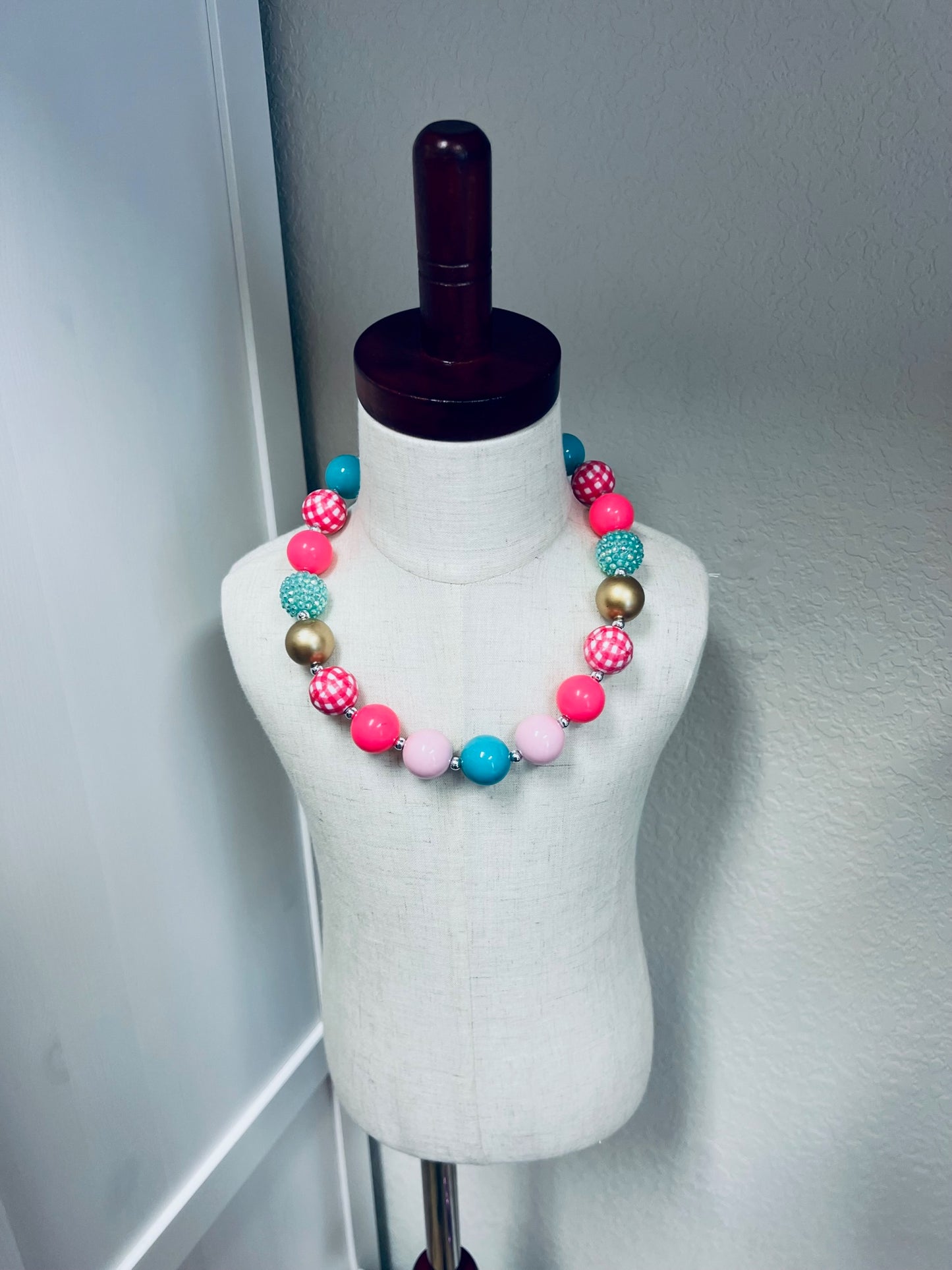 Hot Pink Checkered & Gold Necklace