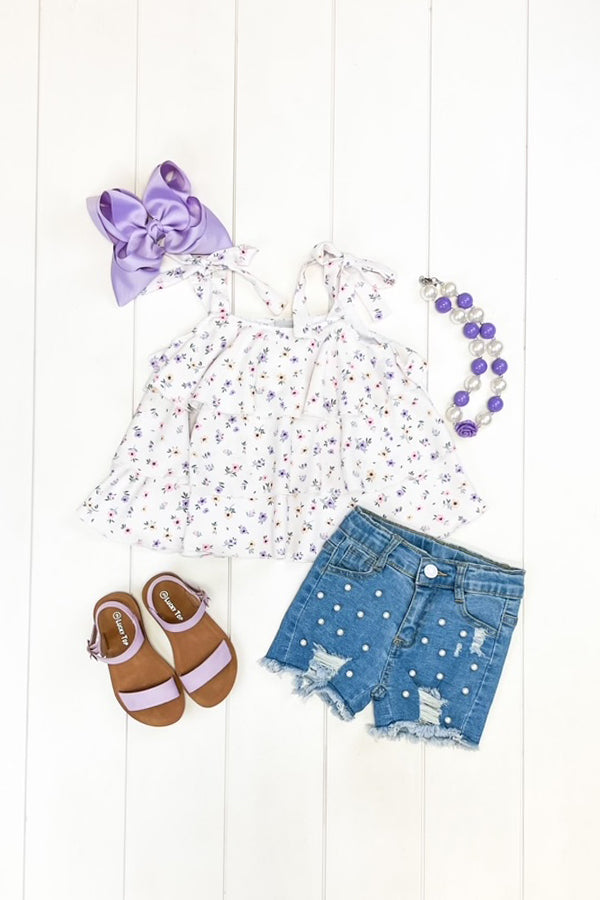 White Floral Denim Short Set