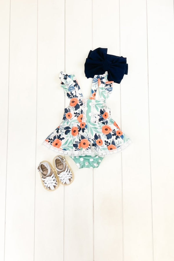 Aqua & Orange Floral Romper