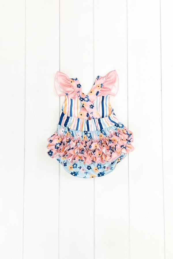 Blue & Pink Stripe Floral Romper