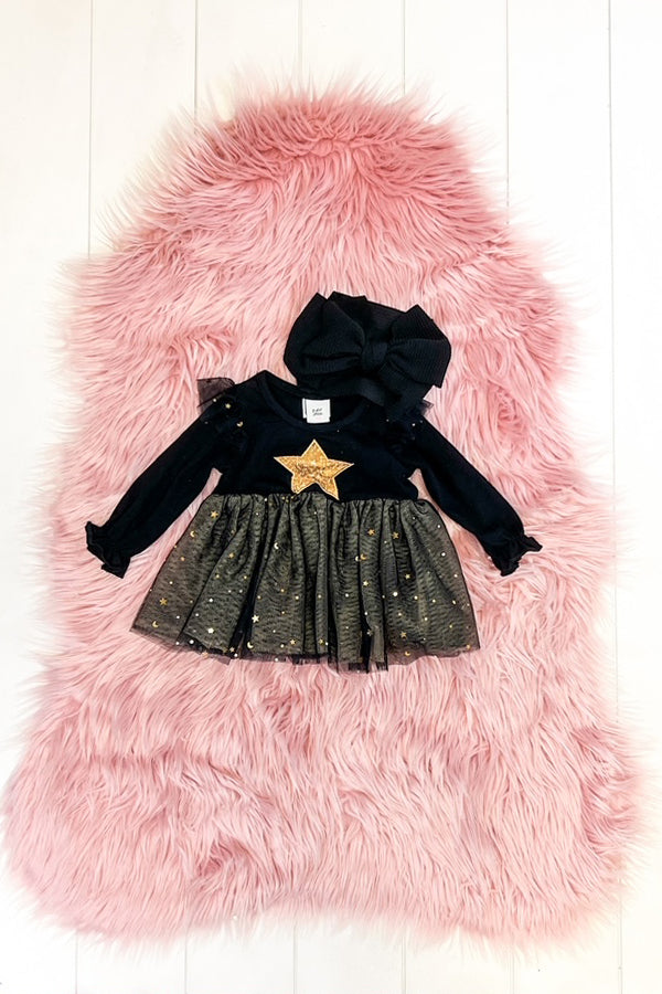 Black & Gold Star Romper, 3XS-3-6M | Dash of Glitter Black & Gold Star Romper, 3XS-3-6M | Dash of Glitter