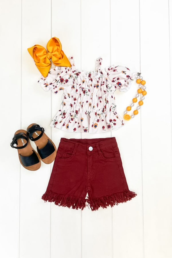 Burgundy Floral Denim Short Set