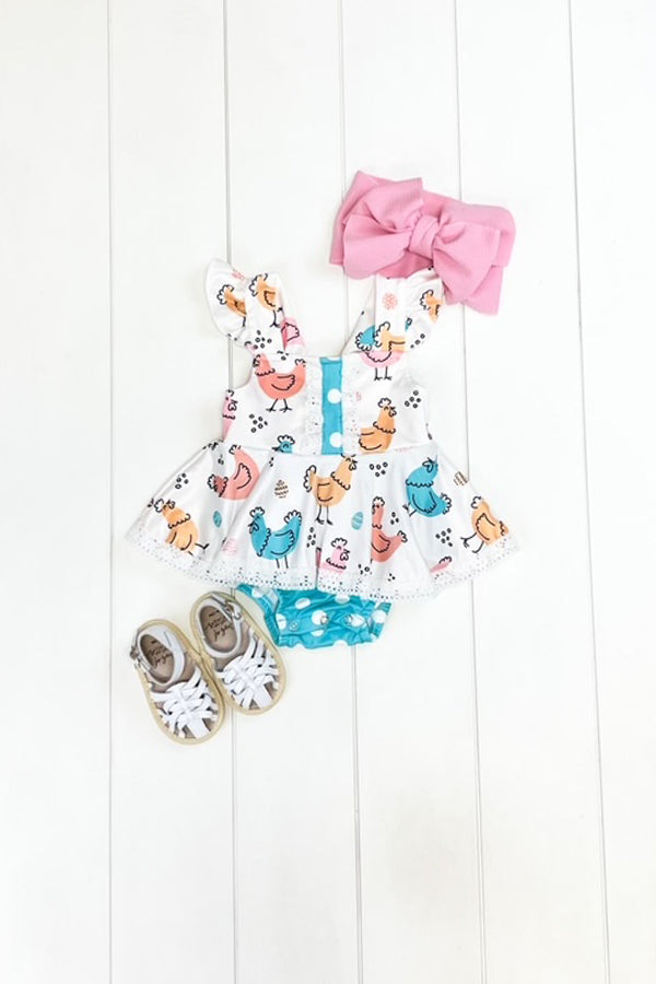 White & Turquoise Chicken Romper