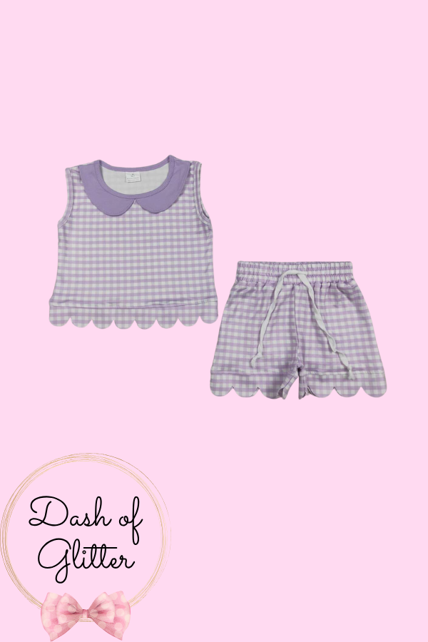 Lavender Gingham Sleeveless Scallop Short Set
