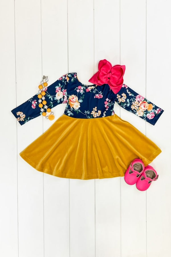Navy & Mustard Velvet Floral Dress