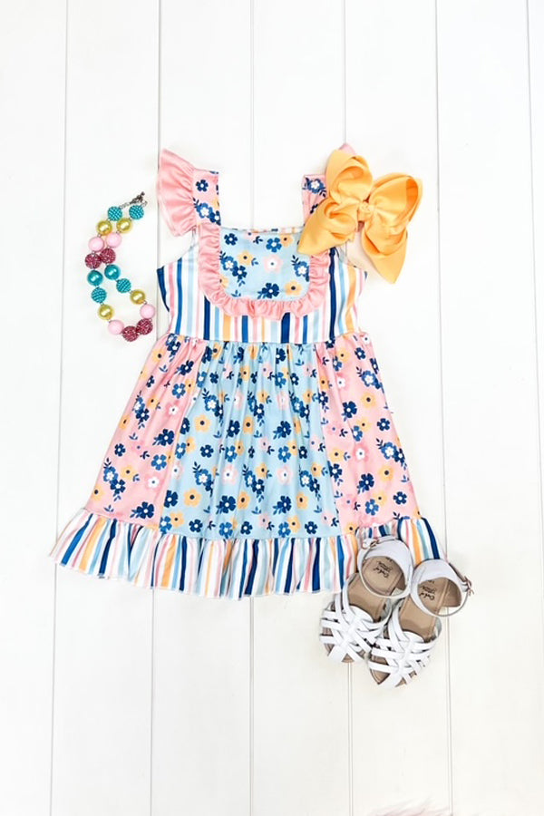 Blue & Pink Stripe Floral Dress