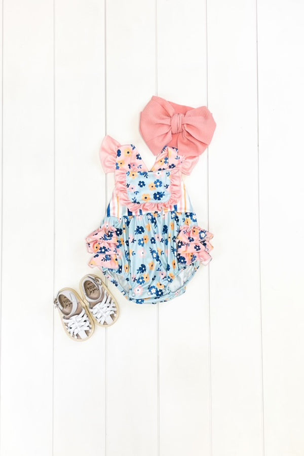 Blue & Pink Stripe Floral Romper