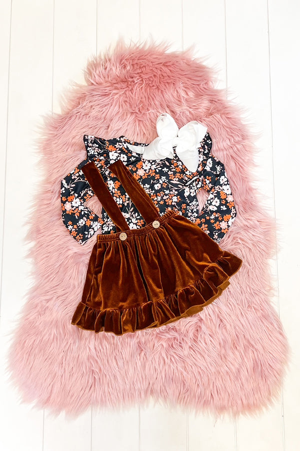 Floral Velvet Suspender Skirt Set