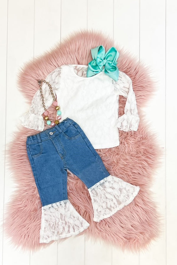 White Lace Denim Bell Pant Set