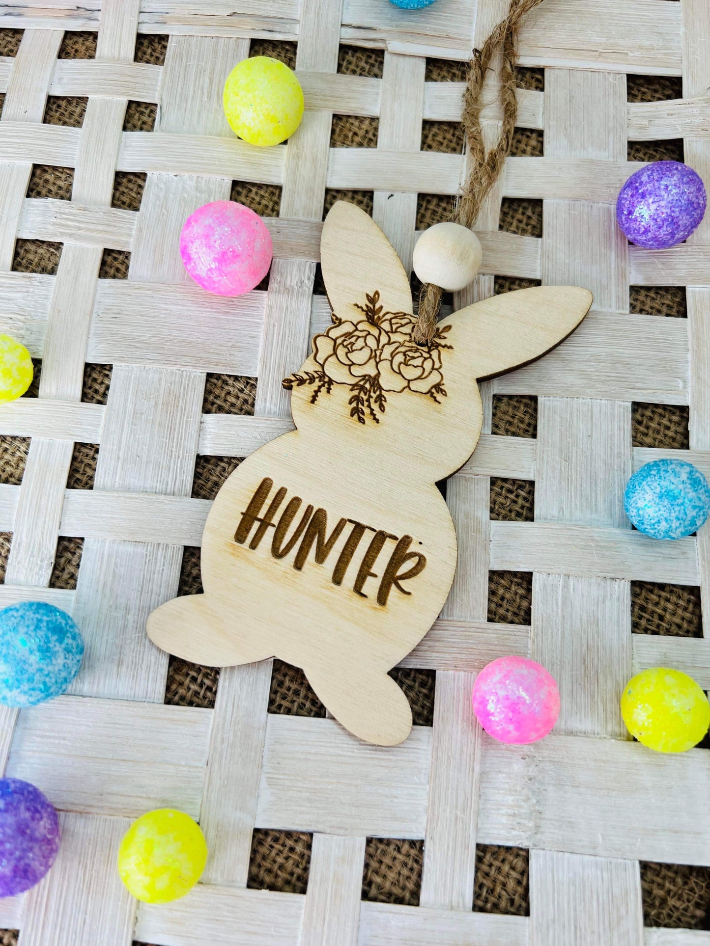Personalized Wooden Floral Easter Basket Tag With Bead