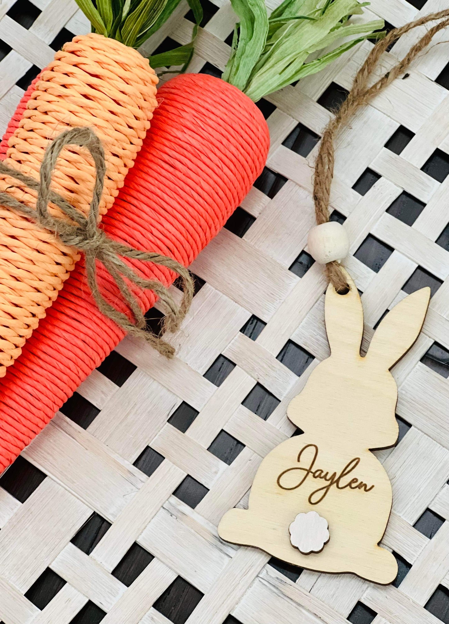 Personalized Wooden Bunny Easter Basket Tag with Bead