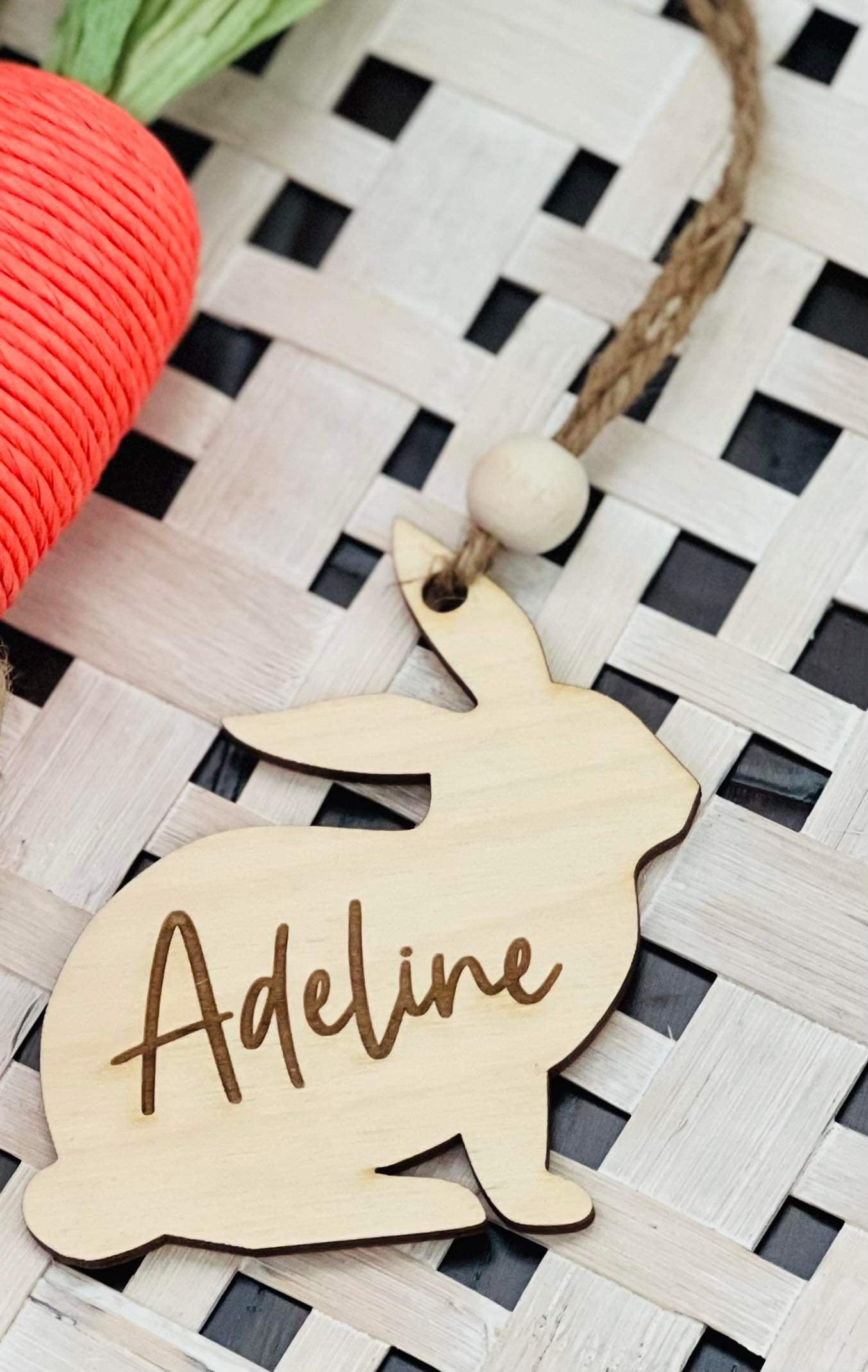 Personalized Wooden Bunny Easter Basket Tag with Bead