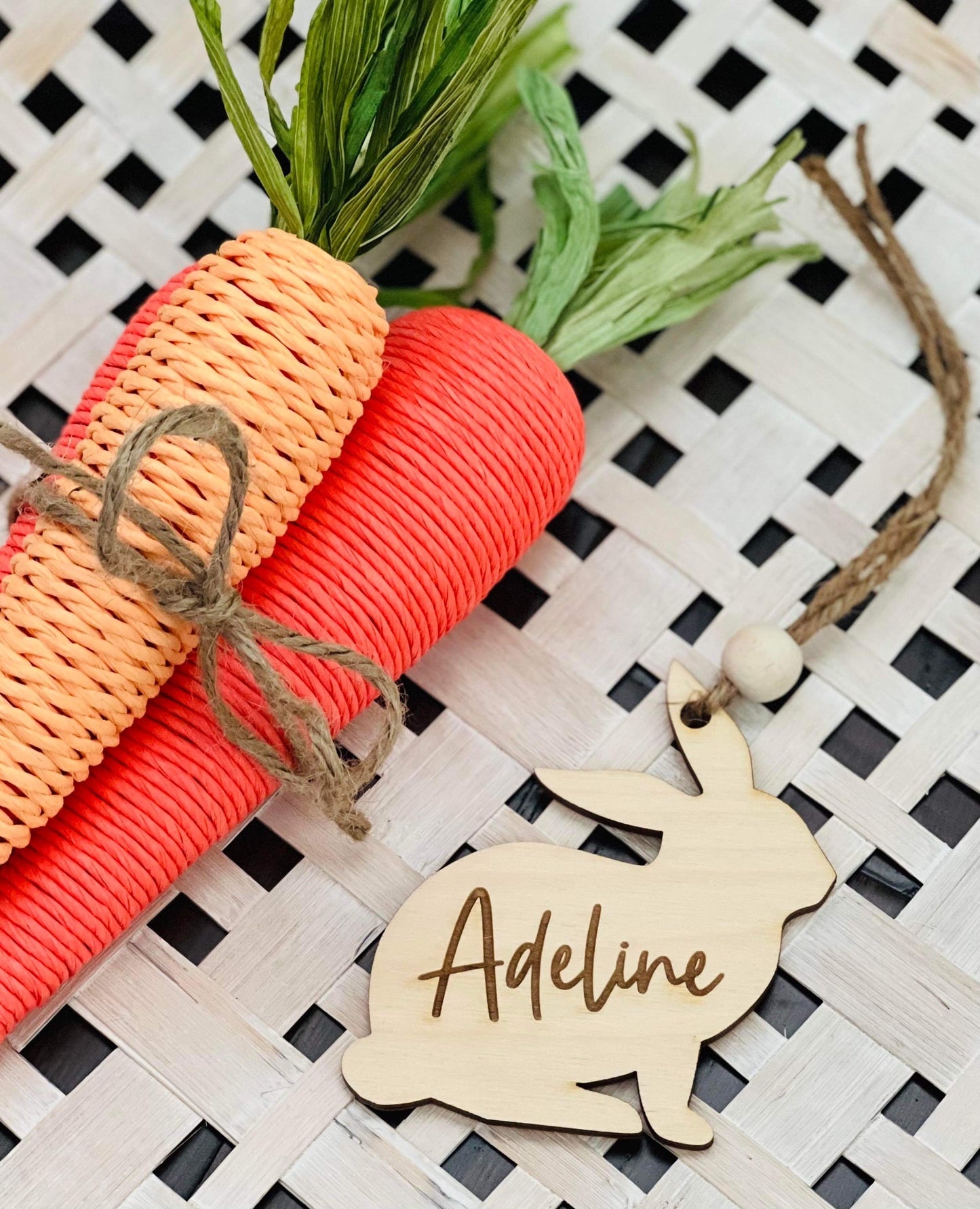 Personalized Wooden Bunny Easter Basket Tag with Bead