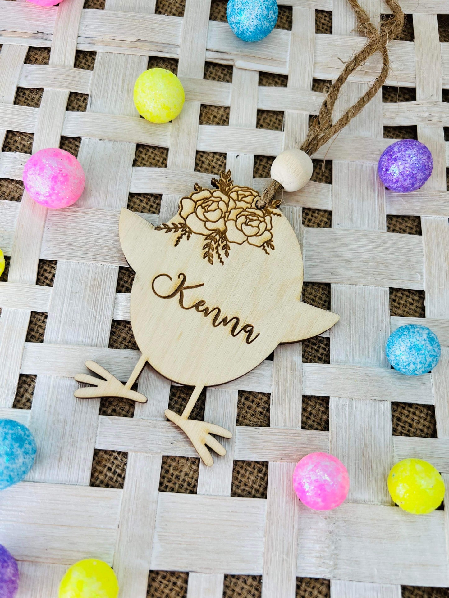 Personalized Wooden Floral Easter Basket Tag With Bead
