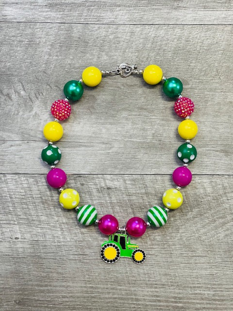 Pink Yellow & Green Tractor Necklace