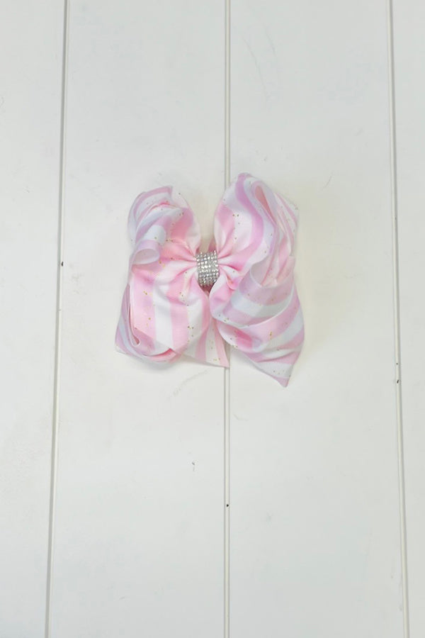 Double Stacked Rhinestone Pink & White Stripe Bow