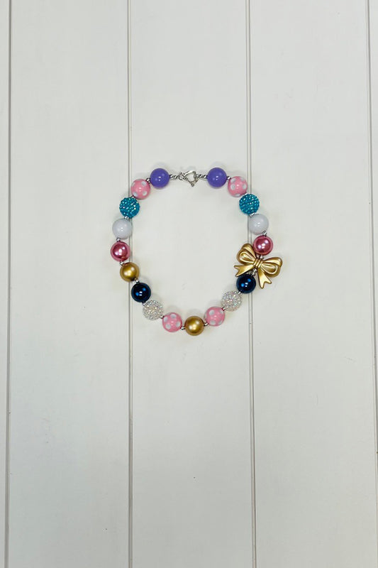 Navy Pink & Gold Bow Necklace