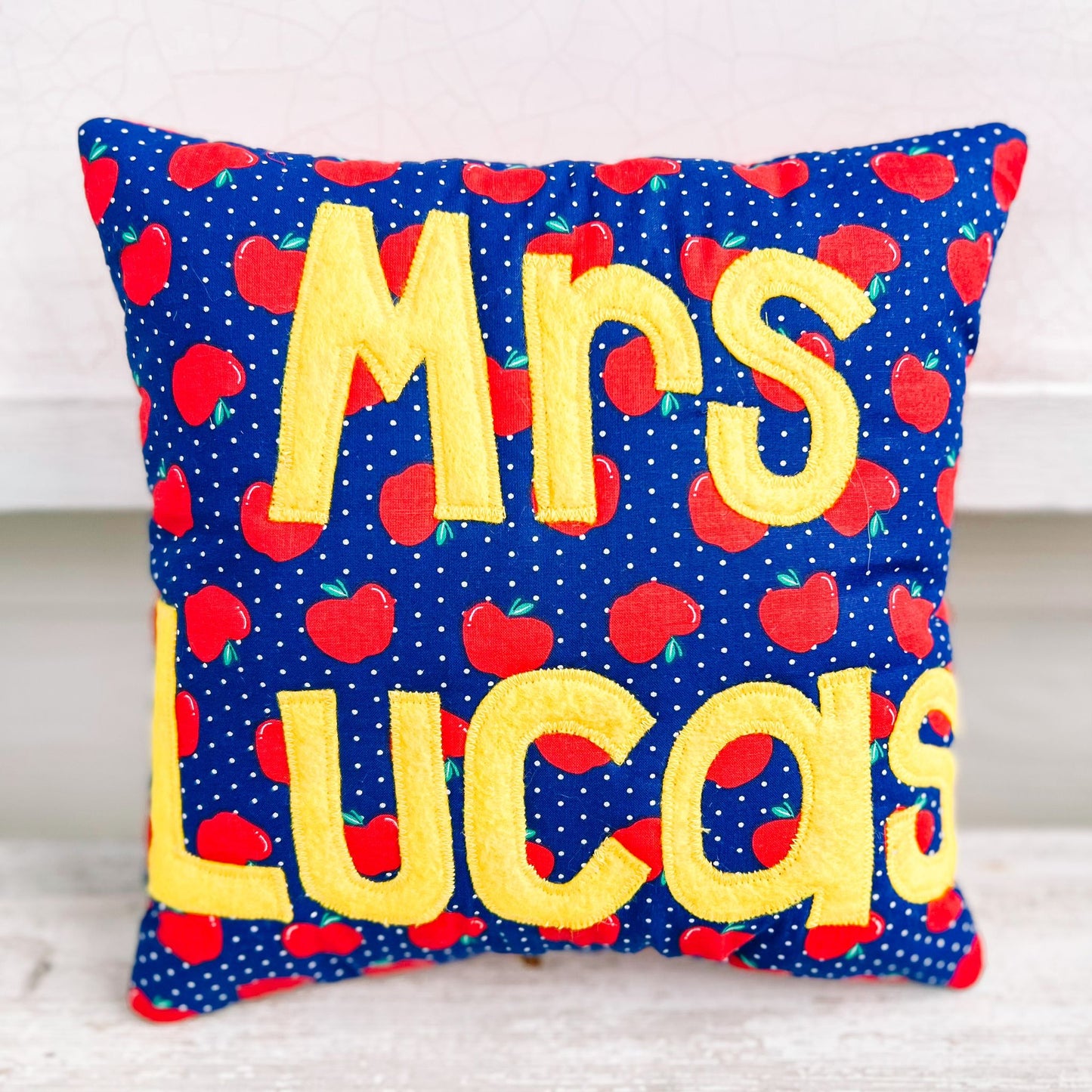 TEACHER APPLE POLKA DOT PILLOW -ADD YOUR OWN NAME