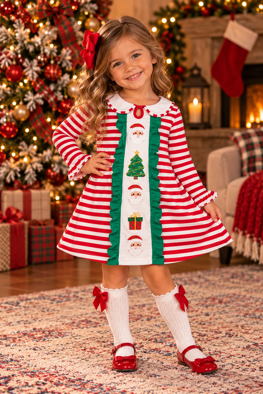 Red Stripe Embroidered Santa Dress