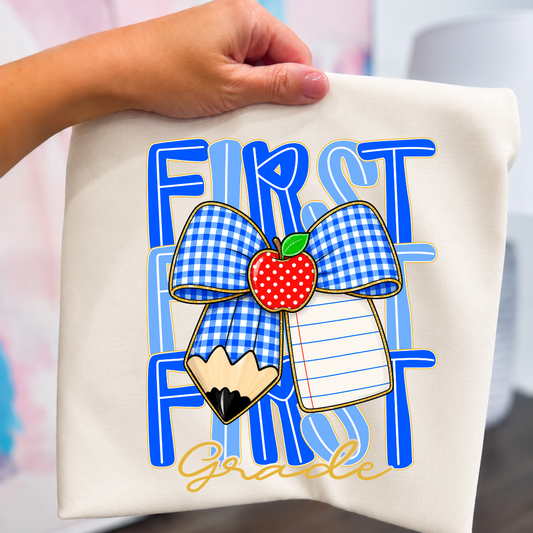 GRADE LEVEL- Blue Gingham Bow w/ personalization- LEAVE GRADE IN NOTES!