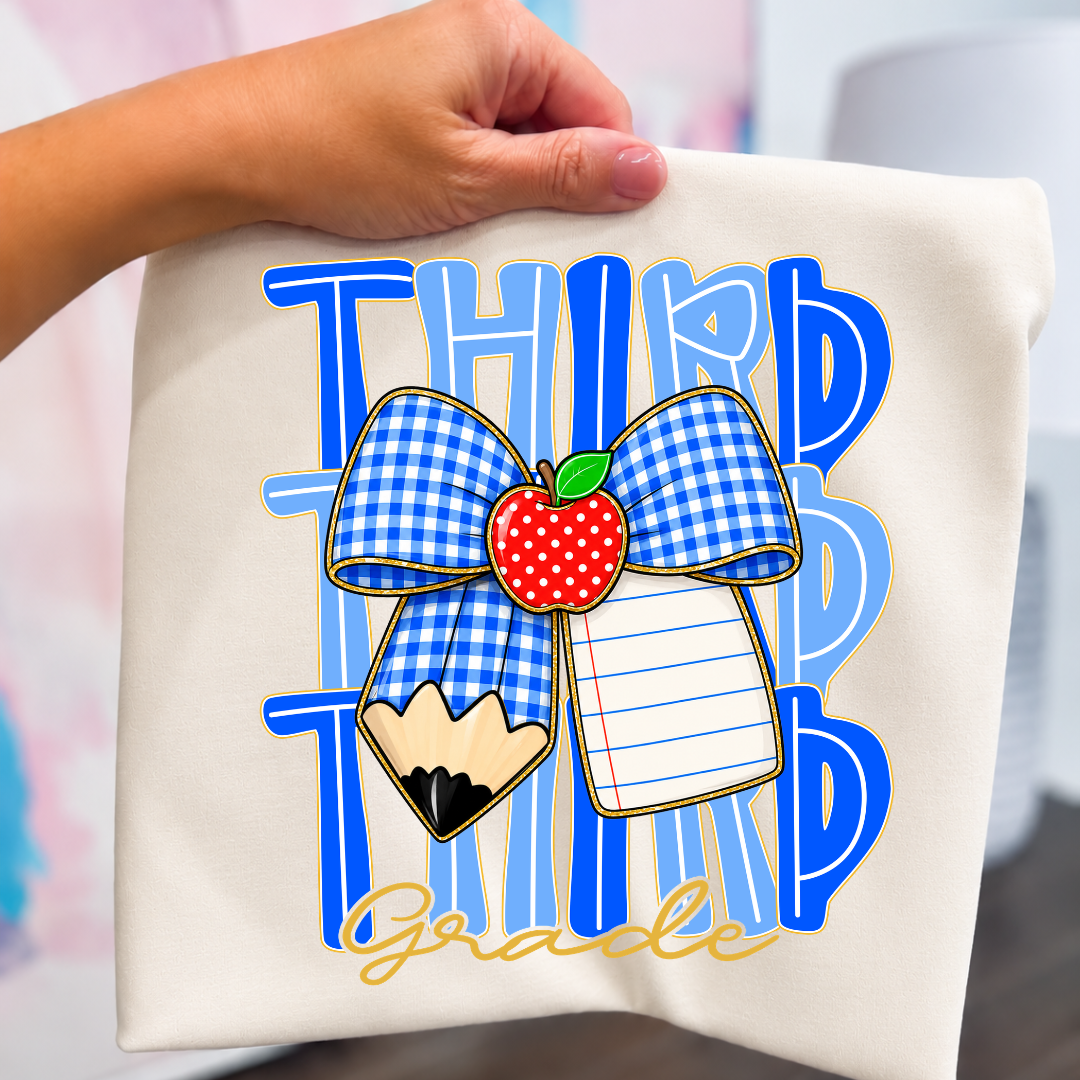 GRADE LEVEL- Blue Gingham Bow w/ personalization- LEAVE GRADE IN NOTES!