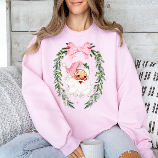 Adult-Pink Santa Wreath Sweatshirt