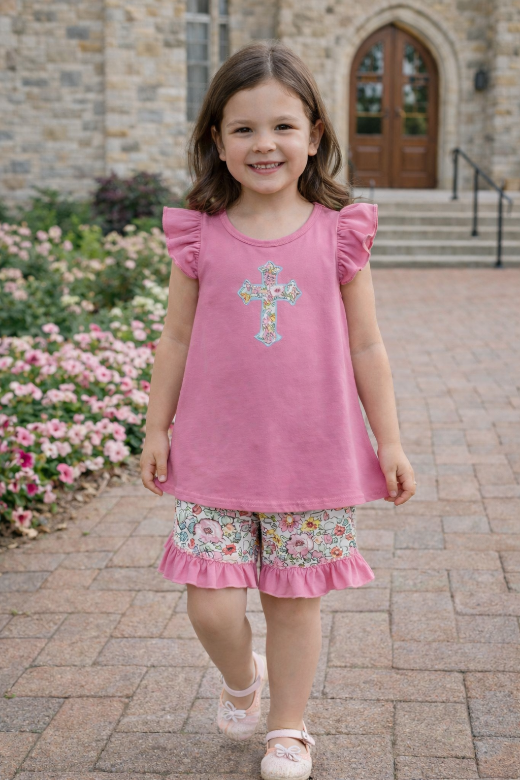 Pink Floral Cross Short Set