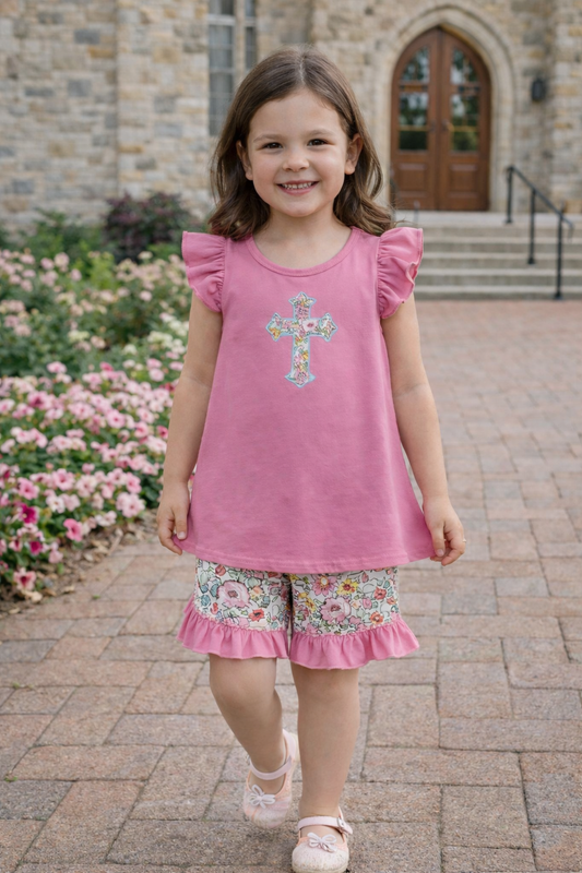 Pink Floral Cross Short Set