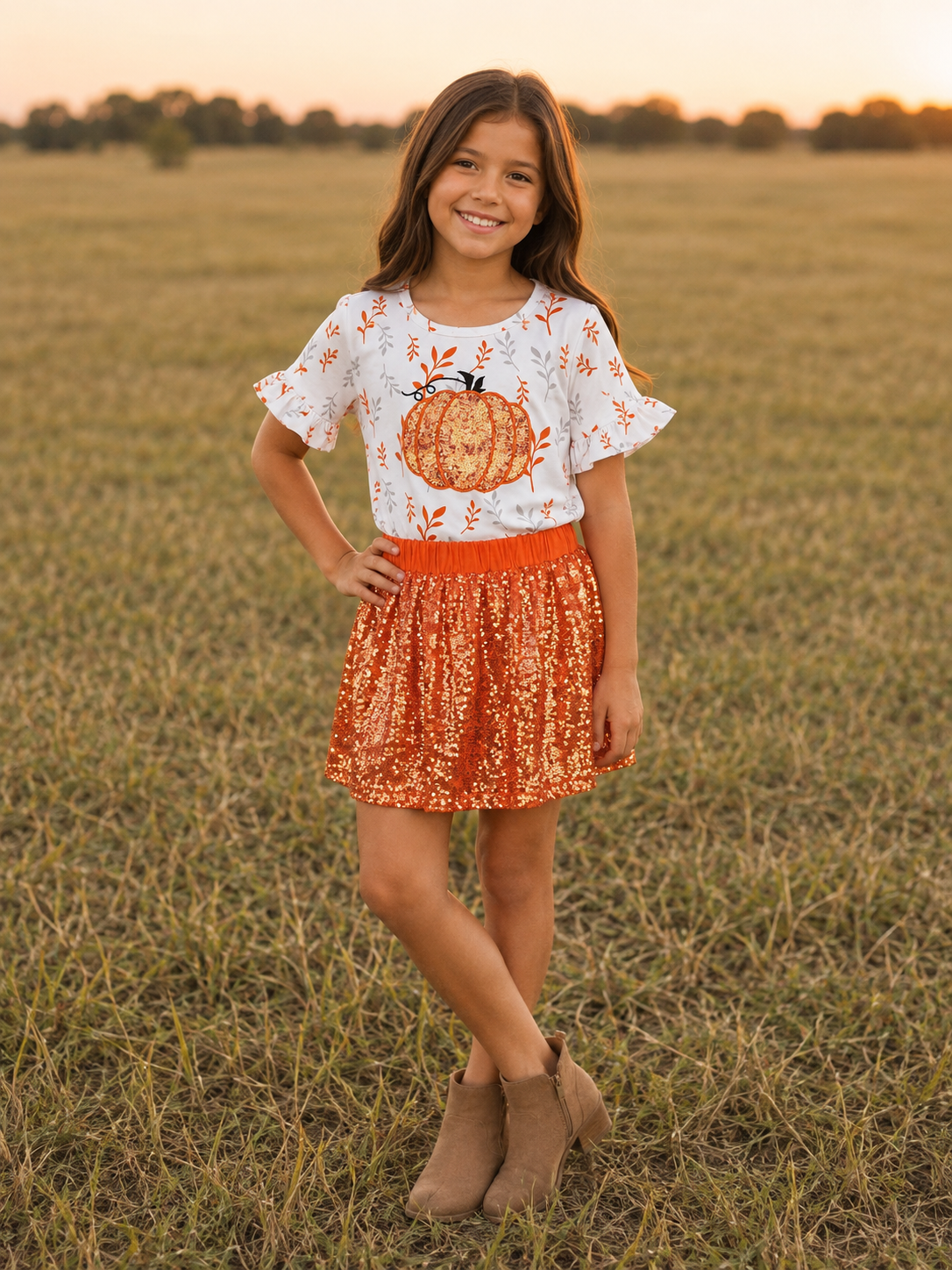Pumpkin Sequin Skirt Set