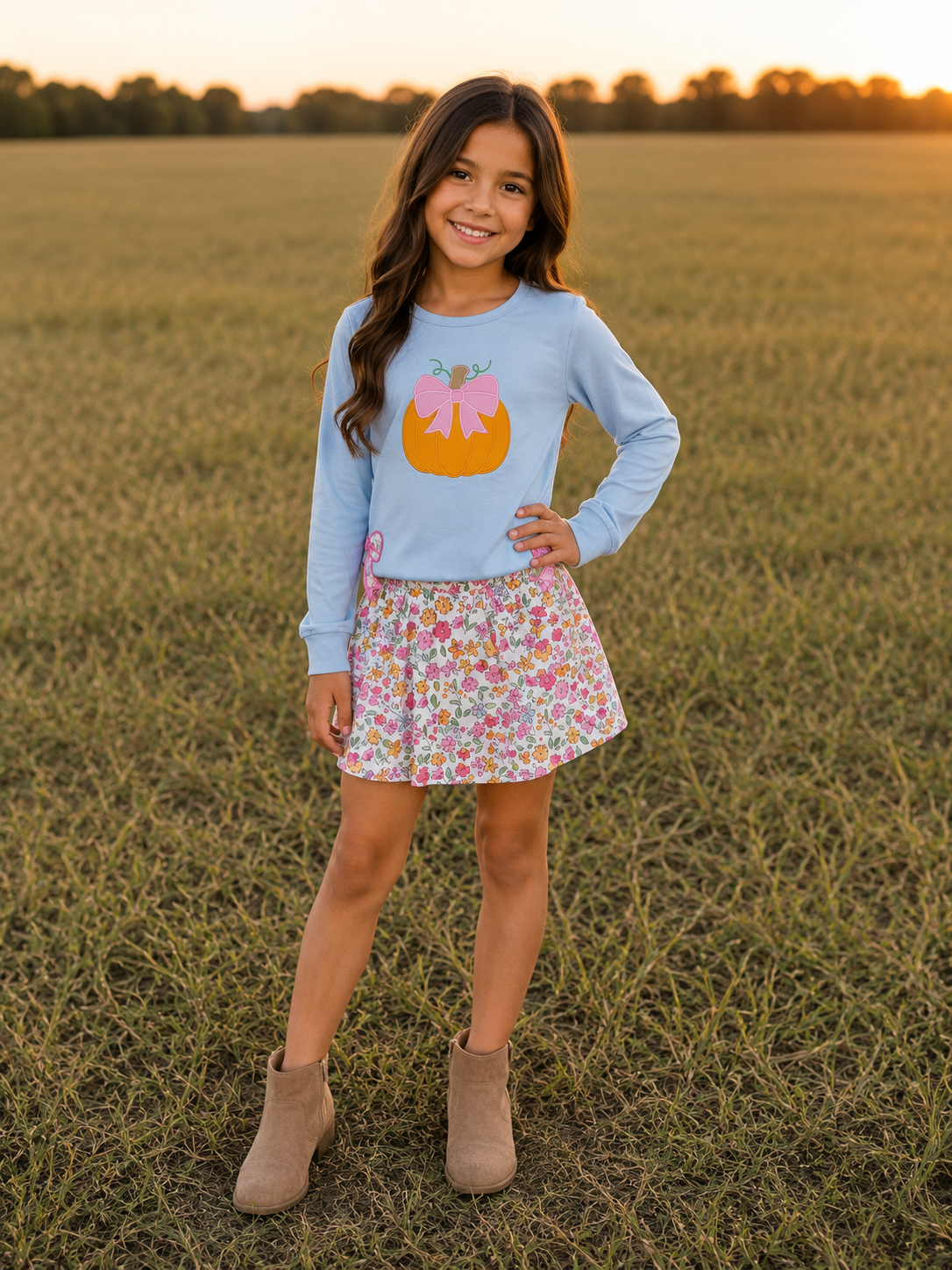 Embroidered Blue Pumpkin Skirt Set