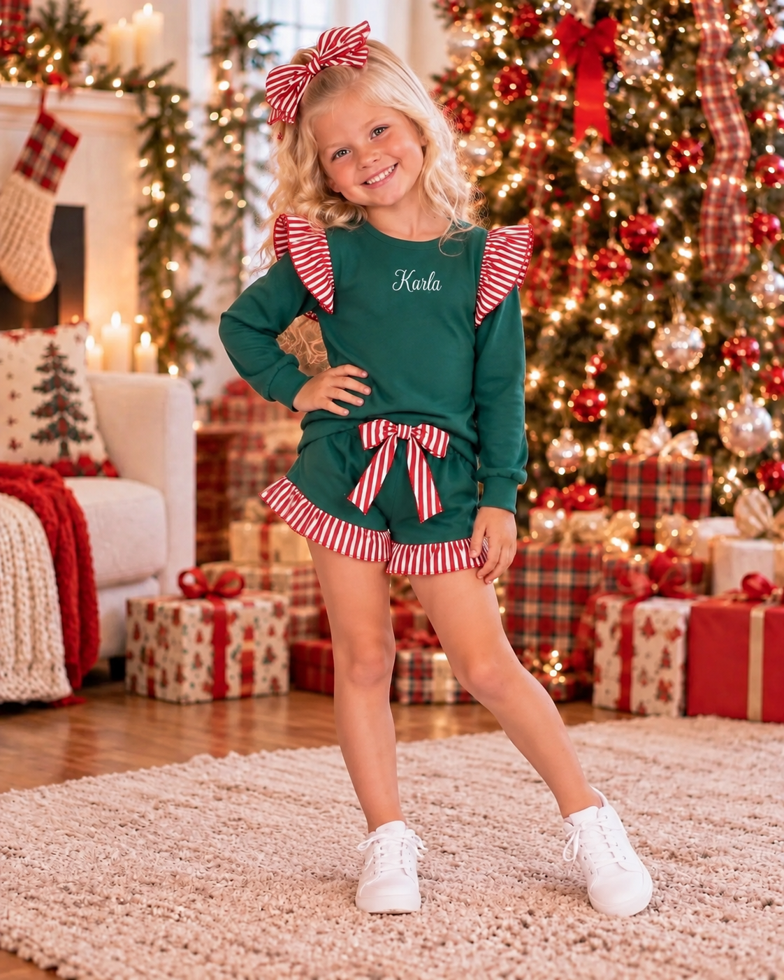 Green & Red Stripe Ruffle Short Set