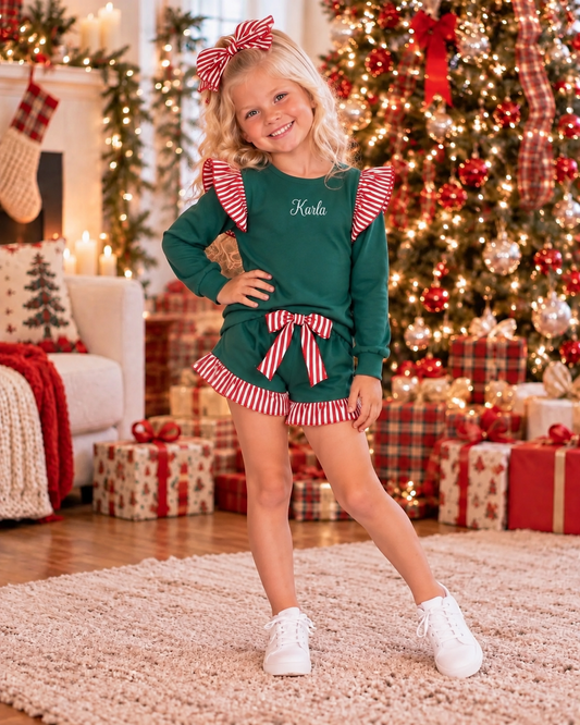 Green & Red Stripe Ruffle Short Set