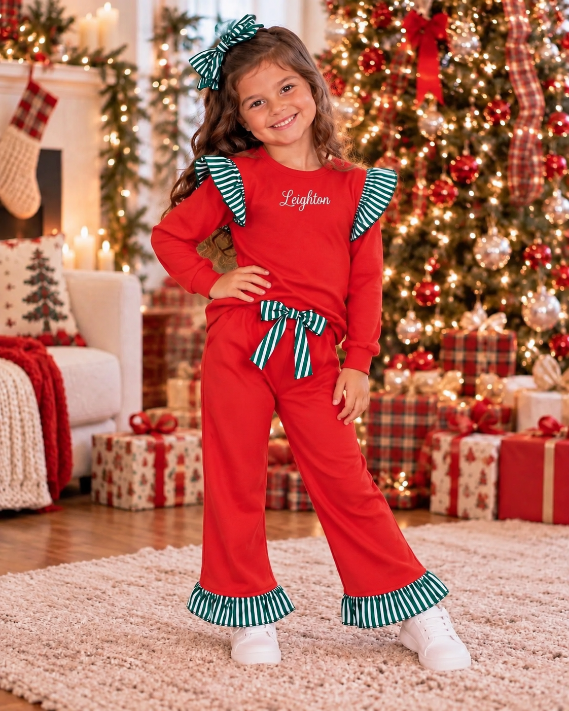 Red & Green Stripe Ruffle Pant Set