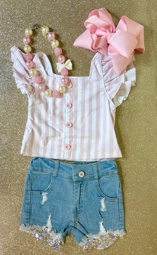 Pink Stripe Denim Short Set