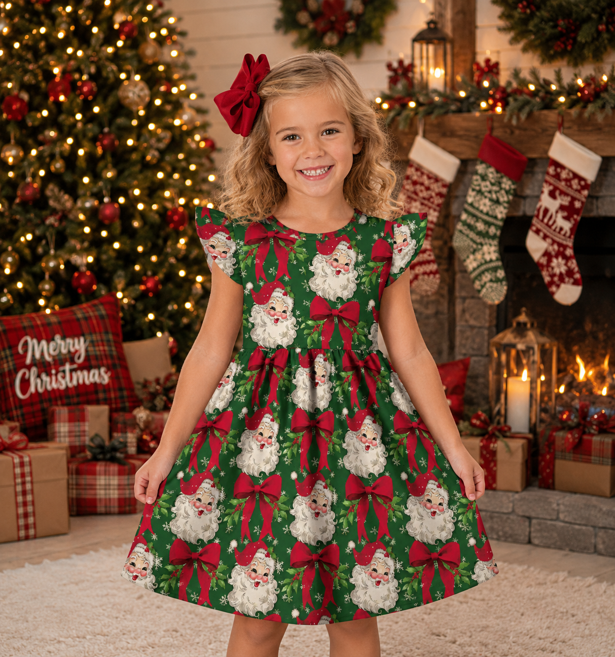 Green & Red Bow Santa Dress