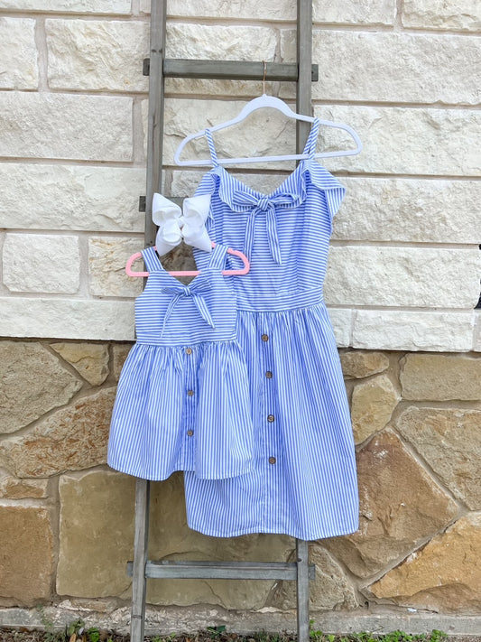 Mama & Me- Blue & White Pinstripe Dress