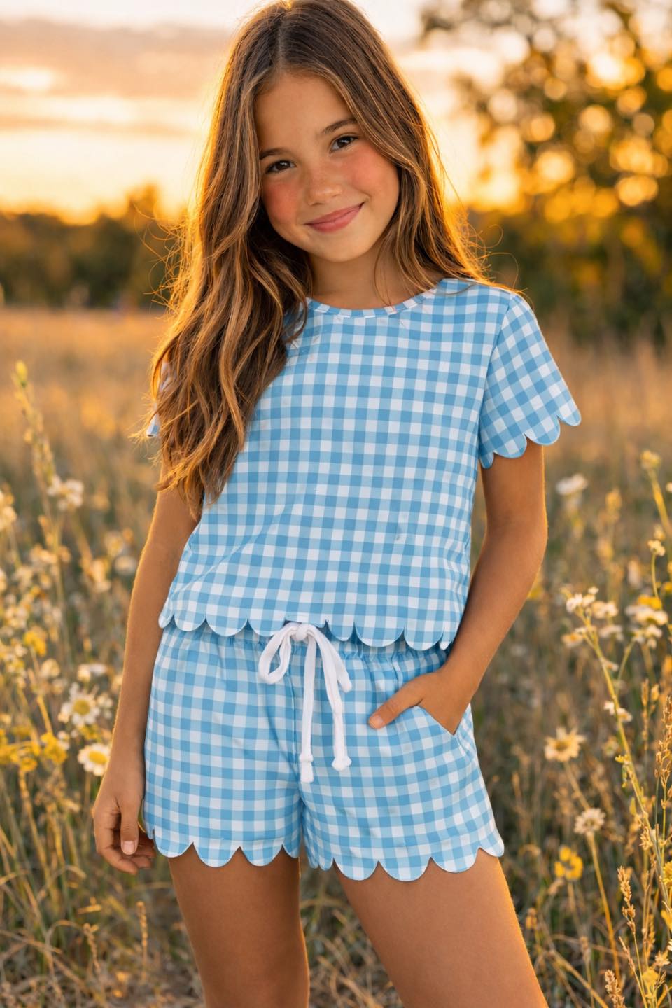 Blue Gingham Scallop Lounge Set