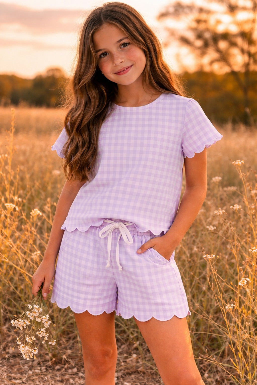 Lavender Gingham Scallop Lounge Set
