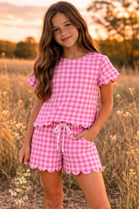 Pink Gingham Scallop Lounge Set