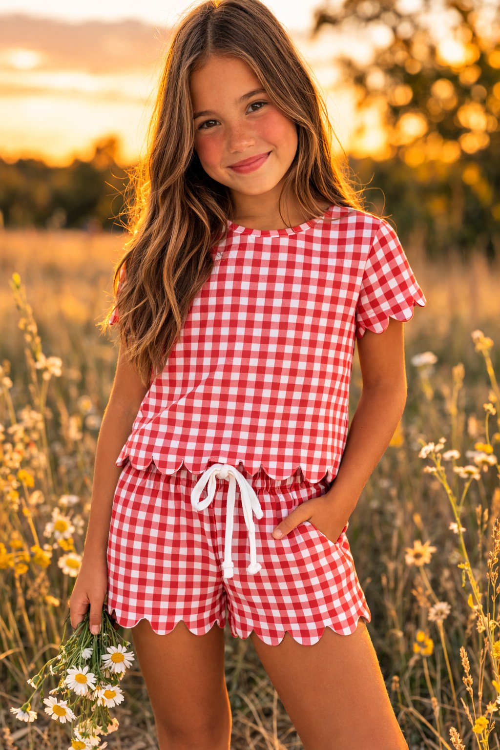 Red Gingham Scallop Lounge Set