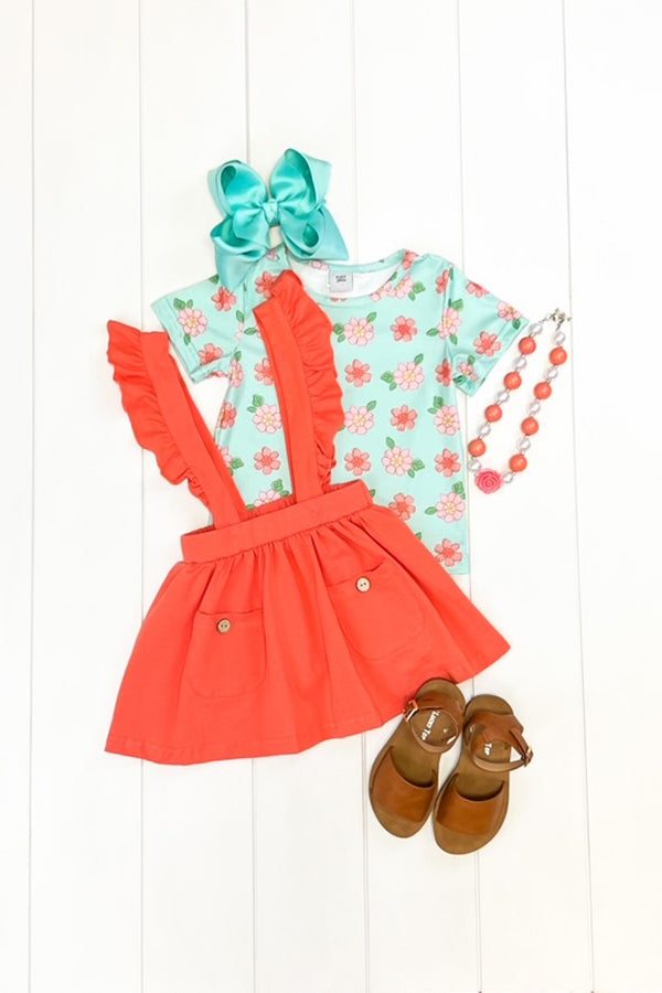 Aqua & Coral Floral Suspender Skirt Set
