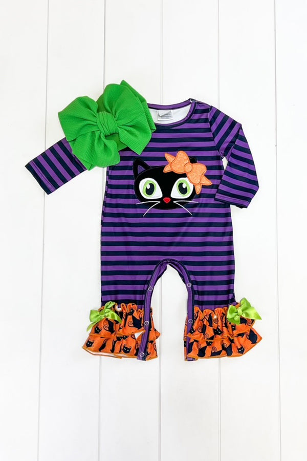 Purple Stripe Black Cat Romper