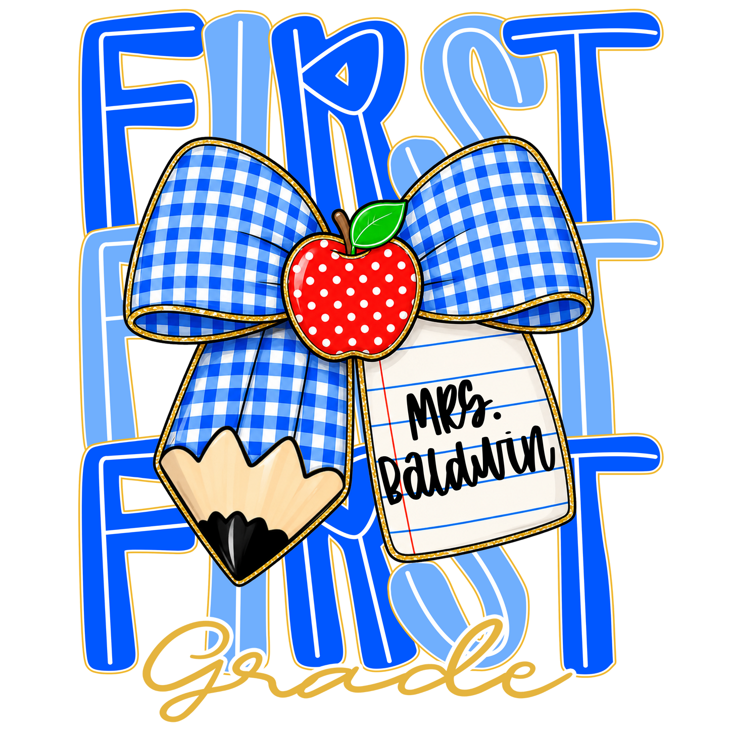 GRADE LEVEL- Blue Gingham Bow w/ personalization- LEAVE GRADE IN NOTES!
